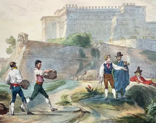 Ruzzica játék, Antoine Jean-Baptiste Thomas (1791-1834), színes litográfia az Egy év Rómában és környékén