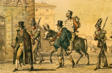 A büntetés azzal járt, hogy szamárháton vezették az utcákon, Jean-Baptiste-Antoine Thomas (1791-1833) litográfiája az Un Rome-ból