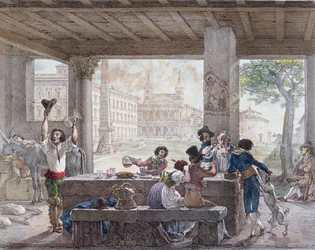Fogadó Rómában, metszett: Francois Alexandre Villain (1798-1884) 1820-30 körül