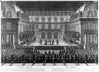 Jean Baptiste Lully (Giovanni Battista Lulli) (1632-1687) „Alceste”-ének ábrázolása a versailles-i kastély márványudvarában a Franche Comte (1674) újjáéledése alkalmából tartott ünnepségek alkalmából. Le Pautre metszete (16
