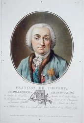 Francois de Chevert (1695-1769) a „Franciaországi nagy férfiak, jeles nők és emlékezetes alanyok portréiból”, Ride metszete, 1787-92 (színes litho)