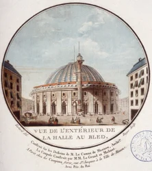Kilátás a Le Camus de Mézières által 1763 és 1766 között épített búzapiacra, Párizsra, amely ma a párizsi tőzsde. Őrmester prittoreszk kilátásában Párizs fő épületeire