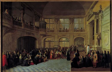 XIV. Lajos király a versailles-i kastély kápolnájában Dangeau márki, az újraegyesült Notre Dame du Mont Carmel és Szent Lázár rendek nagymesterének esküjét veszi át a versailles-i kastély kápolnájában 1695.12.18-án. Philippe de Courcillon, de Dangeau márki
