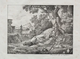 Litográfiai esszék gyűjteménye: Füstölgő sárkány egy fa tövében fekszik, 1822.