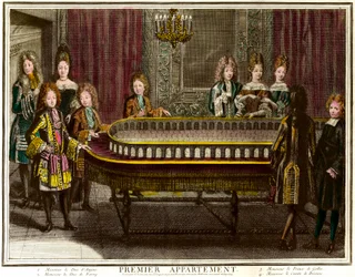 Philippe francia, Anjou hercege, majd spanyol király (1683-1746), Károly, Berry herceg (1686-1714) és walesi herceg portékán játszik XIV. Lajos első versailles-i lakásában – Antoine Trouvain metsze (1656) -1708) Magángyűjtemény - Cha