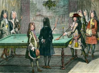 Királyi szórakozás Versailles-ban: XIV. Lajos király (1638-1715) biliárdozik Philippe-pel, Orléans hercegével (1640-1701), akit Monsieur-nak neveztek, Toulouse grófjával, Vendôme hercegével, Monsieur d