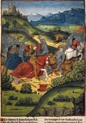 Lancelot csatában - VERARD, Antoine (XV. század). angol kiadó és könyvkereskedő.; LANCELOT (6. sz.). Arthur király udvarának lovagja. Lancelot egy csatában. Antoine Verard „Lancelot du Lac”-jának illusztrációja (1494). Gótikus művészet. Miniatűr festészet.