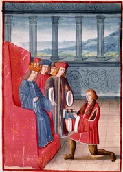 A szerző átadja könyvét VIII. Károly francia királynak (1470-1498). Miniatúra a „Franciaország krónikái” című műből, Antoine Vérard (1450-1519) illusztrációival. Biblioteca Nazionale, Torino