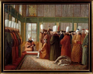 Oszmán Birodalom: „” Franciaország nagykövetének fogadása XVI. Lajos király szolgálatában Törökországban”” Antoine de Favray festménye (1706-1791) 18. századi Marseille, Musee de la Marine – Oszmán Birodalom fogadása: francia nagykövet
