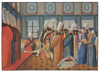 De Vergennes gróf, XV. Lajos nagykövetének bemutatása Reis Effendinek, az oszmán szultán nagyvezírjének, "Uthman III" 1755. május 31-én