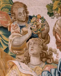 Flamand kárpit. sorozat Thészeusz története. Bacchus feleségül veszi Ariadnét (Baco toma a Ariadna por esposa). Kilencedik kárpit a sorozatban. Anthonis Sallaert modell. Gyártás Jan Raes the Younger, Brüsszel. 1630 körül; Szövet Selyem és gyapjú. Mérete 39
