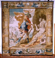 Flamand kárpit. sorozat Thészeusz története. Thészeusz megkapja Minos gyűrűjét Amphitritetől (Teseo recibe de Anfítrite la sortija de Minos). A sorozat ötödik kárpitja. Anthonis Sallaert modell. Gyártás Jan Raes the Younger, Brüsszel. 1630 körül. Szövet Se