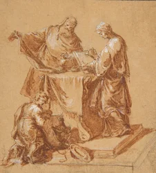 Egy főpap, Anna prófétanő és egy térdelő fiú egy asztal körül, 1745.
