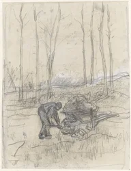 Farmer dolgozik egy talicskával az erdőben