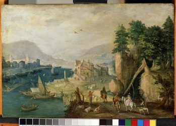 ""Village near the mountains"" (Egy város a hegyekben) Flandria tája. Antonie (Anton) Mirou festménye (1586-1661 körül) 17. századi Mikalojus Konstantinas Ciurlionis Szépművészeti Múzeum, Kaunas, Litvánia