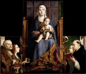 San Cassiano oltárképe: „Szűz Mária a gyermekkel, körülvéve Myrai vagy Baribeli Szent Miklóssal (270-345), Mária Magdolnával, Szent Orsolyával és Szent Domonkával”. Antonello da Messina (kb. 1430-1479) fatáblaképe, 1475-1476, Bécsi Kunsthistorisches Museum