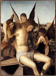 Pietà három angyallal. A halott Krisztust három angyal tartja sírján. Antonello di Antonio, más néven Antonello da Messina (1430-1479) festménye, 1475. Méret: 145 x 85 cm. Velence, Museo Correr