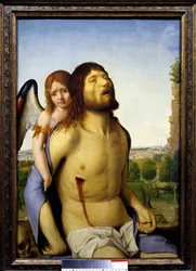 Az angyal által tartott halott Krisztus. Antonello da Messina (1430-1479) festménye, 1476-1479. 0,74 x 0,51 m. Madrid, Prado Múzeum