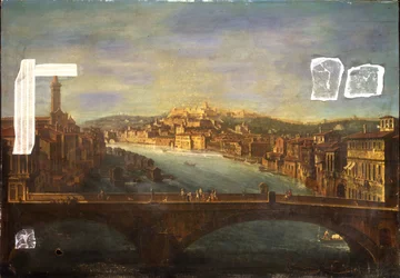 Verona kilátása a S. Anastasia-templommal, a Castel San Pietro-val, a Castel San Felice-vel és a Ponte Nuovo-val az Adige folyó felett, 1735