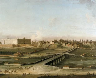 Kilátás Madrid városára a királyi palotával kb 1750-ben a Manzanares folyó jobb partjáról, részlet (olaj, vászon)
