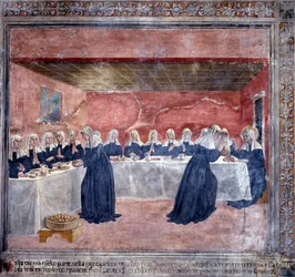 Szent Francesca Romana élete: Egy nap nem volt elég kenyér a közösség számára, Francesca felvette a törmeléket, megáldotta őket, és volt bőven enni a tizenötnek, aki megmaradt (Fresco