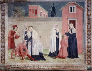 Szent Francesca Romana élete: A szent meggyógyít egy fejen sebesült embert (Fresco