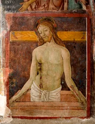Pieta Jézus Krisztus aureoláját kereszt jelzi. Antonio Aquili freskójának részlete detto Antoniazzo Romano (aktív 1461-1508 körül) 15. századi Szent Benoit kolostor (Sacro Speco), Subiaco (Róma), Olaszország