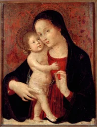 Antonio Aquili dit Antoniazzo Romano szűz és gyermek festménye fára (aktív 1461-1508 körül) V. 46x37 Genes, Galleria di Palazzo Bianco
