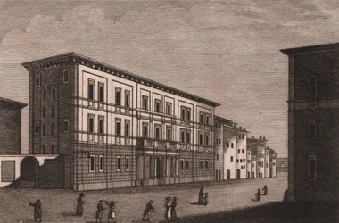 Kilátás a Pistoia-i püspöki palotára, Toszkánában, Olaszországban, Antonio Morghen (1788-1853) rézmetszete, kb 13x9,5 cm