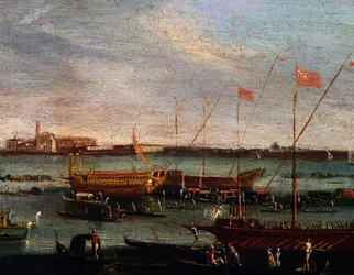 A Bucentaur (a velencei dogék állami gályája) a velencei Lidóban, olaj, vászon, Canaletto Iskola, Olaszország