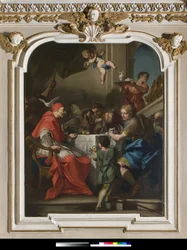 ""Nagy Szent Gergely egy asztalnál, Jézus álruhában pelerinben"" A pápa közelében a Szentlélek galambja (Szentlélek) 1729-1731 (festmény)