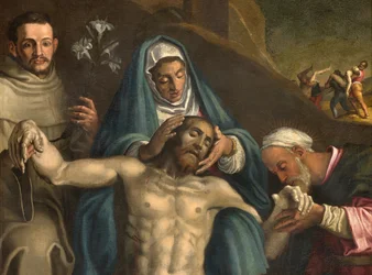 Északi kereszthajó, Lerakó oltár, Krisztus letétele, a Szűz és a Páduai Raymond és Anthony által támogatott szentek, Antonio Campi 1566, oltárrészlet