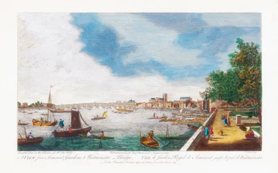 Kilátás a Somerset Gardensről a Westminster Bridge-re, John Miller metszet, 1750