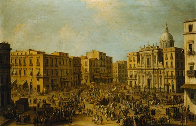 A Largo San Ferdinando, Nápoly, karnevál idején, a királyi kocsival a Palazzo Reale felé közeledik,