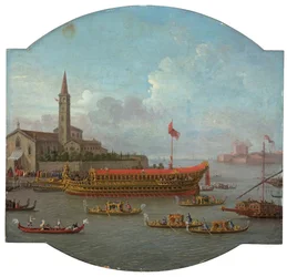 Kilátás a Bucintoróra, amely a velencei San Nicolo al Lido előtt horgonyzott, a Sposalizio del Mare szertartása alkalmából