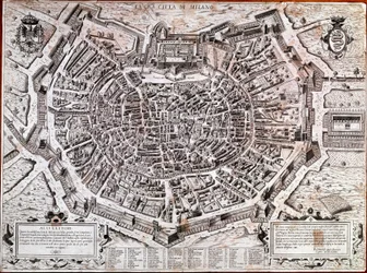 Milánó várostérképe, Antonio Lafreri (Lafrery vagy Lanfrerius) (1512-1577) szerkesztésében, 1573-ból. Ez a város legrégebbi térképe. Milánó, Milánói Múzeum - Milánó térképe. A város legrégebbi, 1573-as térképe, Antonio Lafreri szerkesztésében.