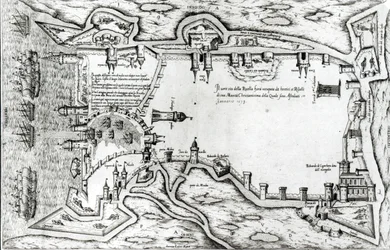 A hugenották által megszállt La Rochelle-t ábrázoló térkép