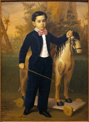 Egy fából készült lóval járó kisfiú portréja. Antonio Maria Esquivel (1806-1857) festménye, Olaj, vászon, 1851. Szépművészeti Múzeum, Sevilla, Spanyolország.