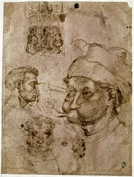 Négy férfi fej, amelyek közül kettőnek három arca van. Oltárkép. Egy ló. Rajzok Antonio di Puccio Pisano dit Pisanello (1395-1455) műhelyéből. Barna tinta, toll (rajz), vér. Mérete: 27,1x20,5 cm. Louvre, Cabinet des Medailles.