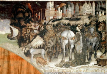 Szent György megszabadítja a trapezunti hercegnőt, részlet. Antonio Pisano, Pisanello néven ismert művész freskója (kb. 1380-1455), 1436-1438, Verona, Chiesa di Sant