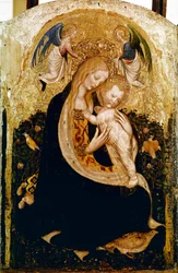 A Madonnának van egy fürjje a pisanelloi (Antonio Pisano) fán (kb. 1380-1455). 1420 kb. Méret: 50x33 cm Verone, Castevecchio Múzeum - Madonna fürjjel, Antonio Pisano, más néven Pisanello (1380-kb. 1455)., Tempera fán, 50x33 cm