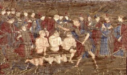 A neofiták megkeresztelése, Keresztelő Szent János életéből vett jeleneteket ábrázoló faliszőnyeg (textil)