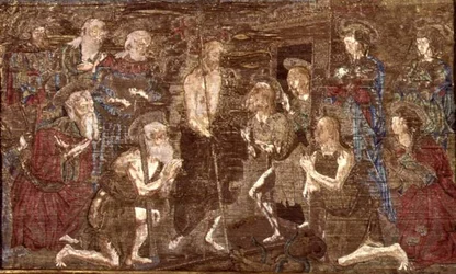 Krisztus leszállása Limbóba és Keresztelő Szent János szabadon bocsátása, a szent életéből vett jeleneteket ábrázoló kárpit (textil)