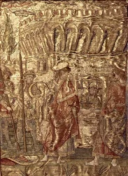 Keresztelő Szent Jánost látogató tanítványok a börtönben, a szent életéből vett jeleneteket ábrázoló kárpit (textil)