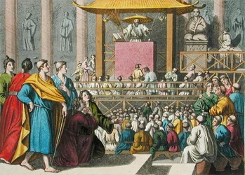 Egy japán jövendőmondó prédikál, Jules Ferrario „Le Costume Ancien et Moderne” 82-es táblája, az 1820-as és 30-as évek körül megjelent (színes litó)
