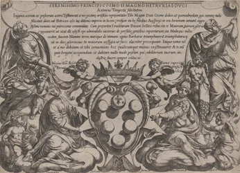 Az Ószövetség csatáinak homlokzata Medici karjaival, amelyet ... koronázott meg, 1660.