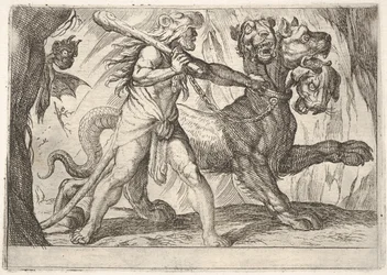 Herkules és Kerberosz: Herkules megragadja Kerberosz nyakörvét, balra két démon jelenik meg ..., 1608