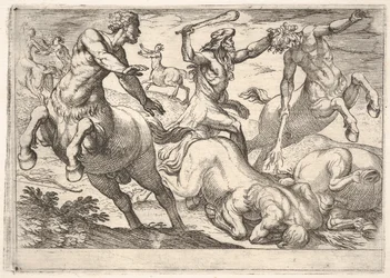 Herkulesz és a kentaurok: Herkulesz bal kezével egy kentaur fejét tartja és felemeli, 1608