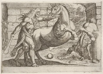 Herkulesz és Diomédész kancái: Herkulesz megragadja egy ágaskodó ló kantárját, egy második ..., 1608