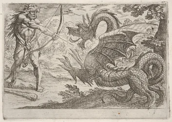 Herkulesz és Ladón kígyó: Herkulesz megfeszíti íját, az ágaskodó kígyó profilban jelenik meg, 1608